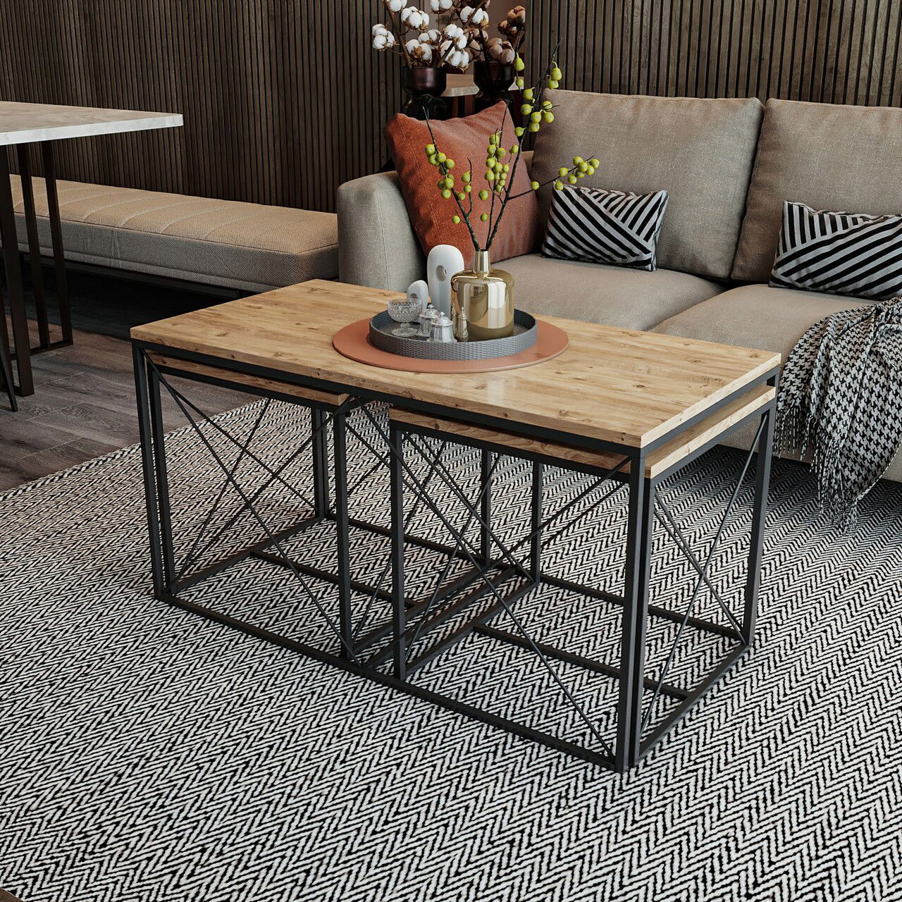 Set masuta de cafea, Kalune Design, Defne, PAL, Pin Atlantic / Negru
