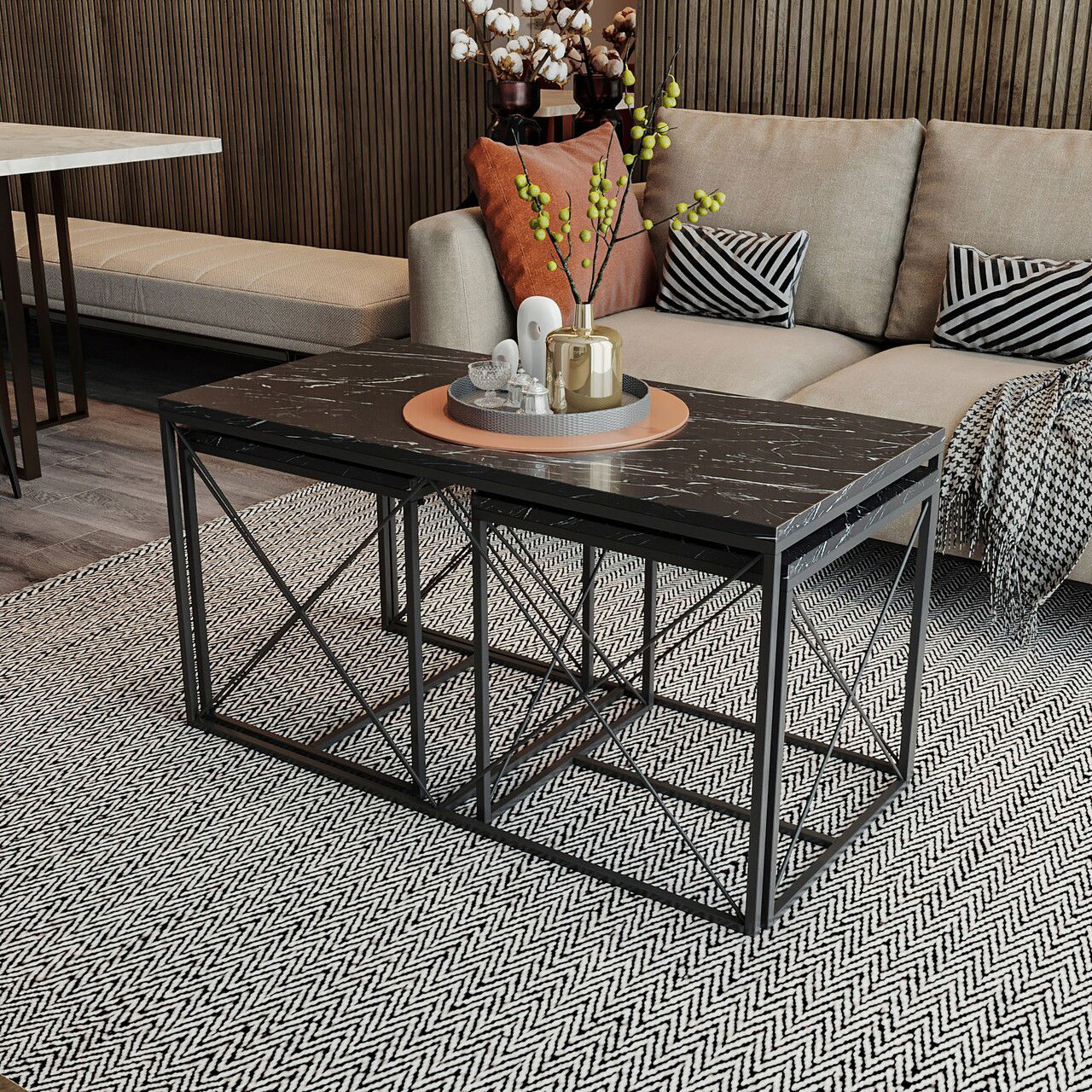 Set masuta de cafea, Kalune Design, Defne, PAL, Negru