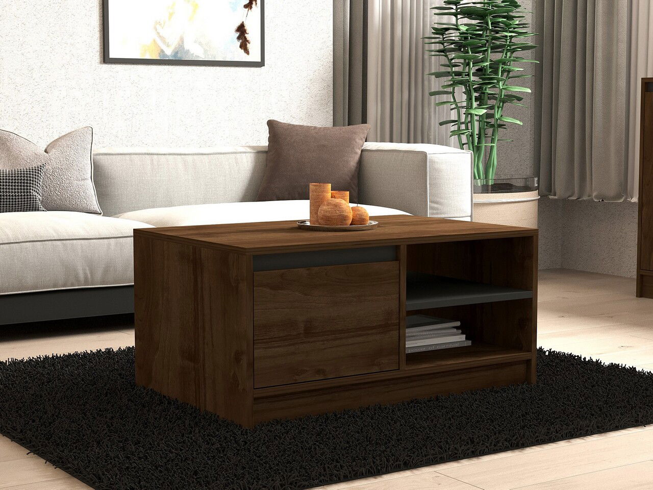 Masuta de cafea, Puqa Design, Ongu, 90x45x60 cm, PAL, Nuc / Antracit