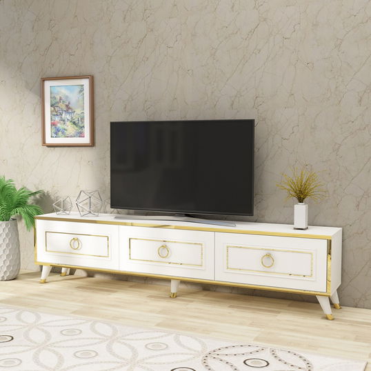 Comoda TV, Arnetti, Sona, 45x180x29.5 cm, PAL, Alb/Auriu