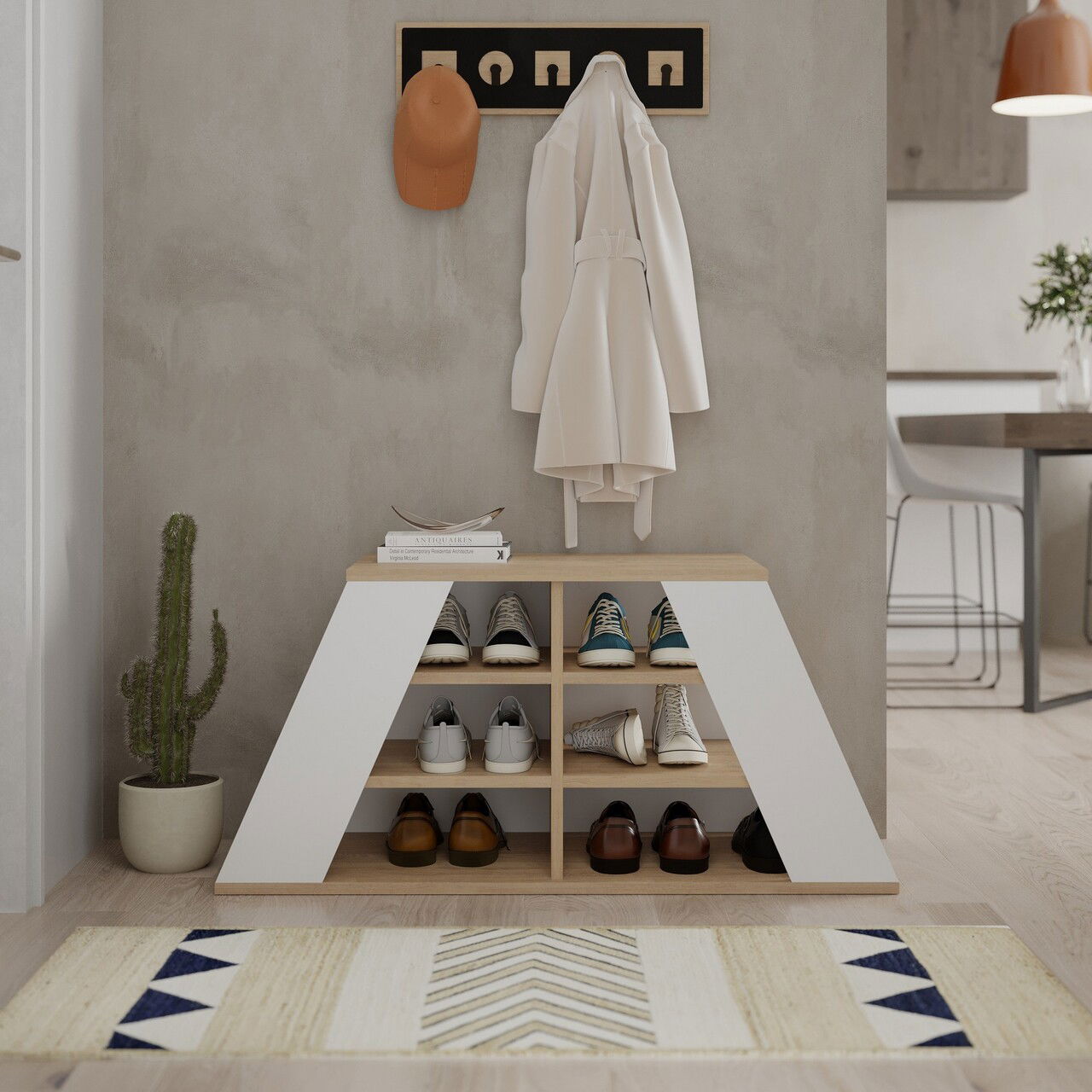 Pantofar, Decortie, Pyramid Shoe Bench, 105.5x50x37.5 cm, PAL, Stejar / Alb