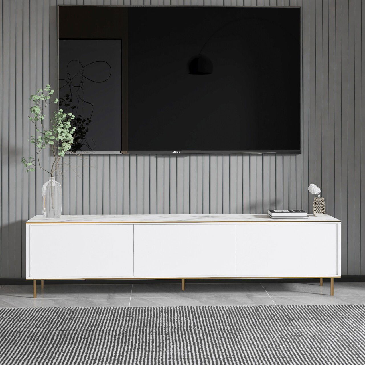 Comoda TV, Inarch, Imaj, 180x45.2x35 cm, PAL, Marmură albă/aur