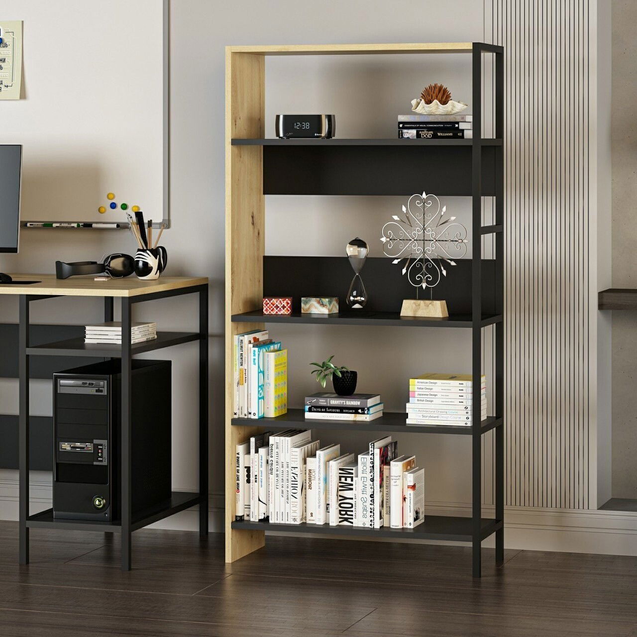 Corp biblioteca, Minerva, Tiran, 90x120x34 cm, PAL, Antracit / Stejar / Negru
