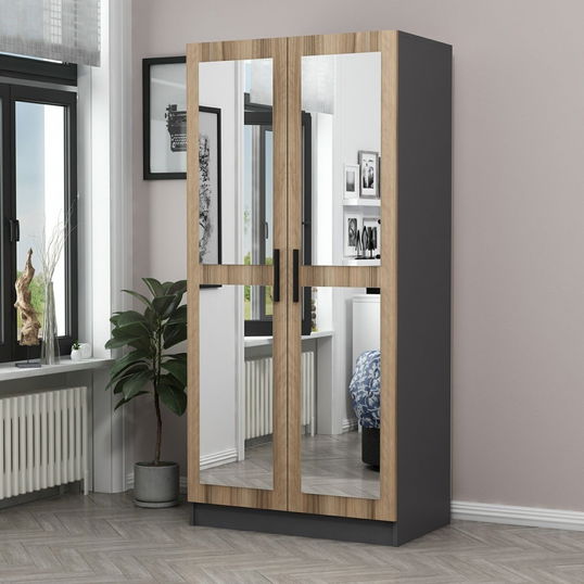 Dulap pentru haine, Minerva, Kale Mirror Anthracite Oak, 90x190x52 cm, PAL, Antracit / Stejar