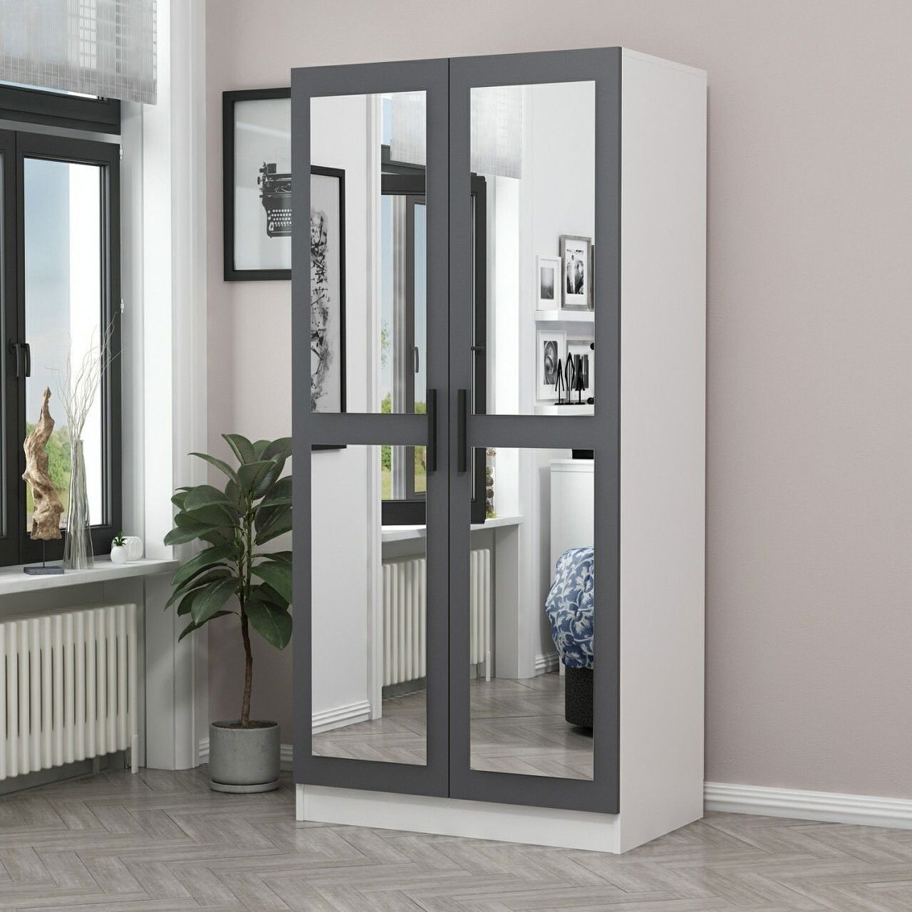 Dulap pentru haine, Minerva, Kale Mirror Anthracite White, 90x210x52 cm, PAL, Antracit/Alb