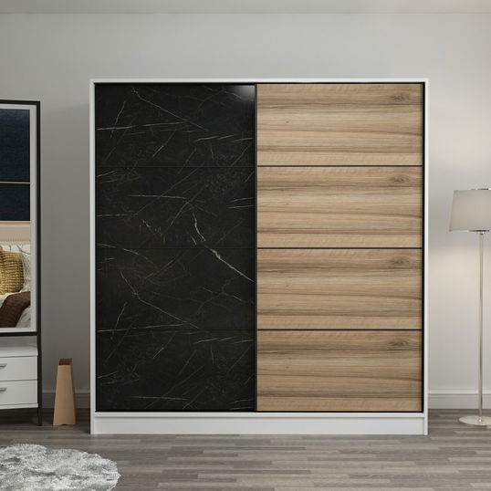 Dulap pentru haine, Minerva, Kale, 220x210x52 cm, PAL, Alb/Negru