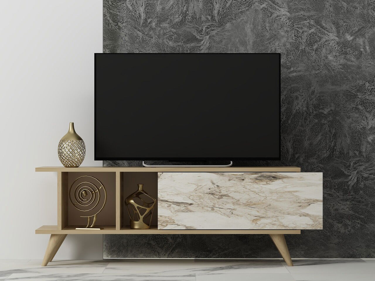 Comoda TV, Odessa, Liberty, 120x30x45 cm, PAL, Stejar safir / marmură