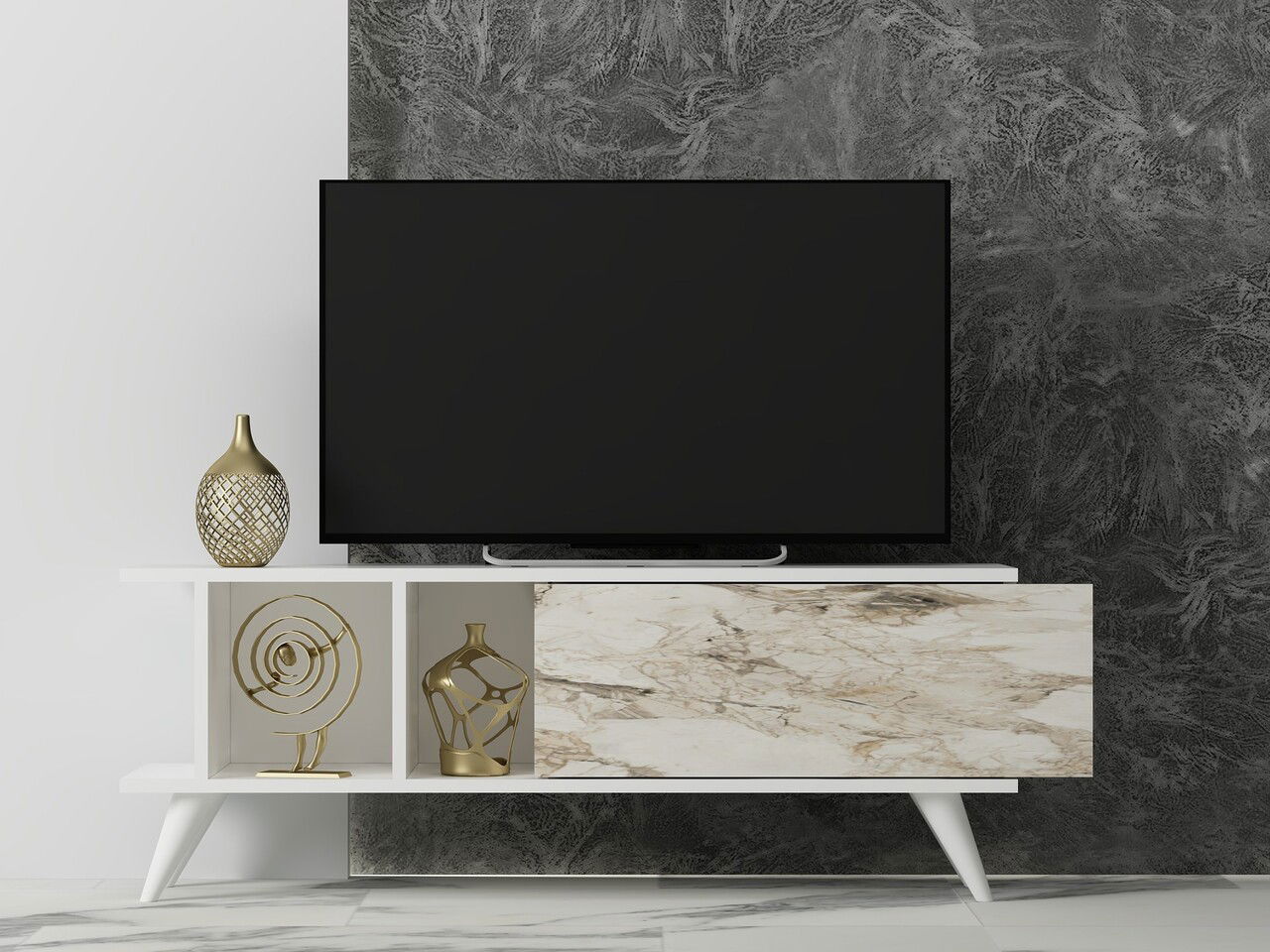 Comoda TV, Odessa, Liberty, 120x30x45 cm, PAL, Alb / Marmură