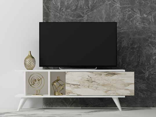 Comoda TV, Odessa, Liberty, 120x30x45 cm, PAL, Alb / Marmură