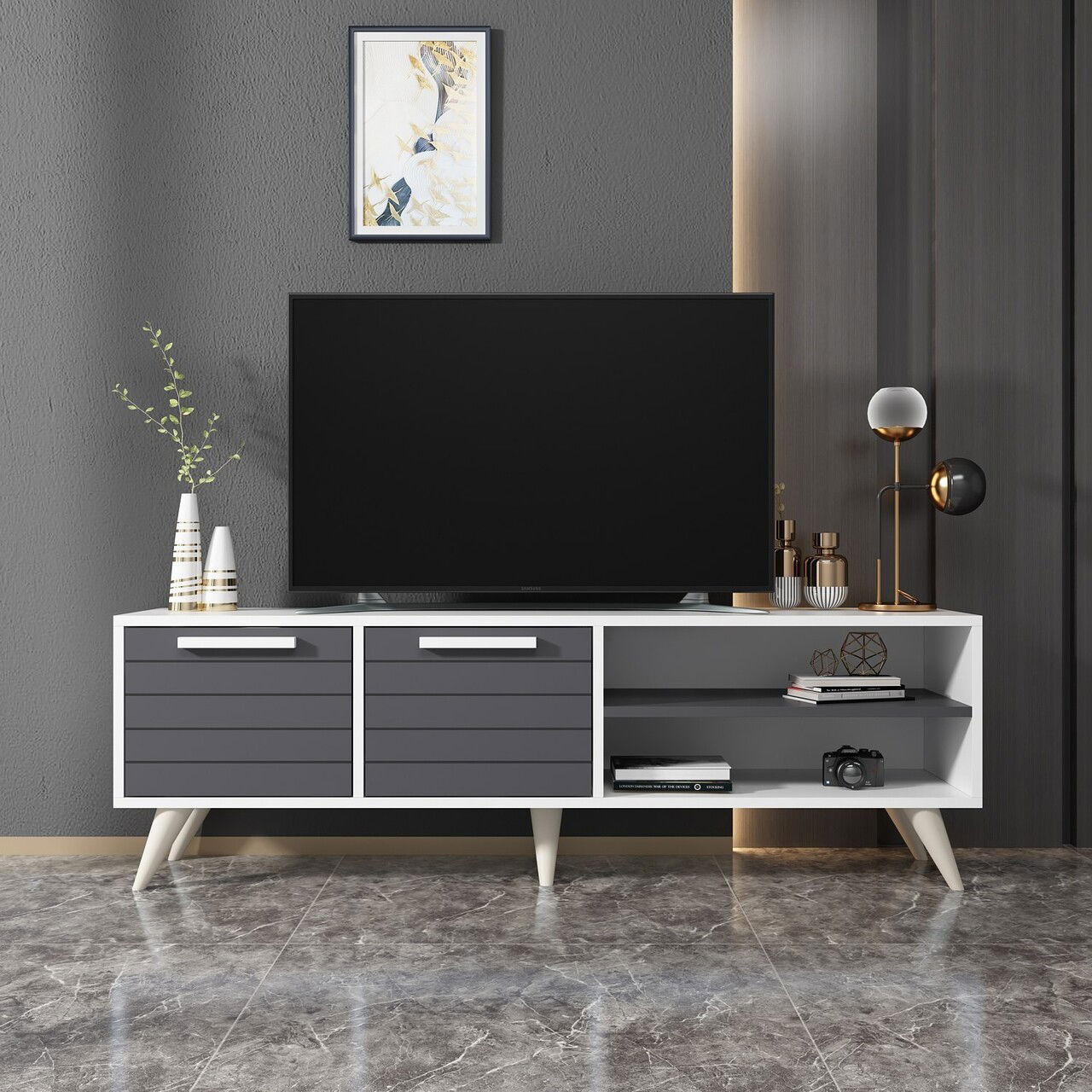 Comoda TV, Odessa, Noyan, 150x30x48 cm, PAL, Alb / Antracit