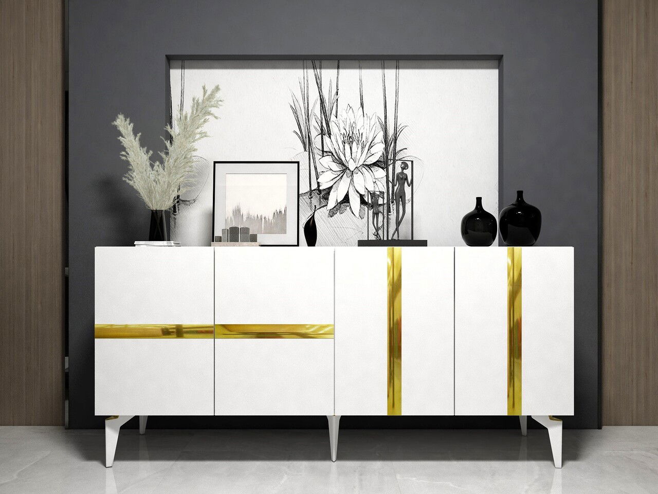 Consola, Olivia, Vania, 150x40x79 cm, PAL , Alb/Auriu
