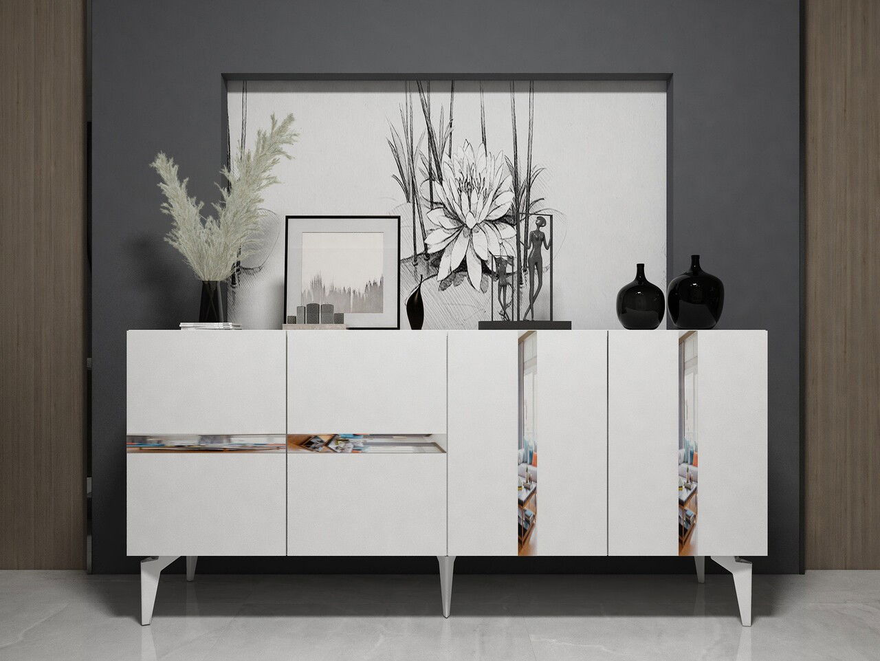 Consola, Olivia, Vania, 150x40x79 cm, PAL , Alb / Argintiu