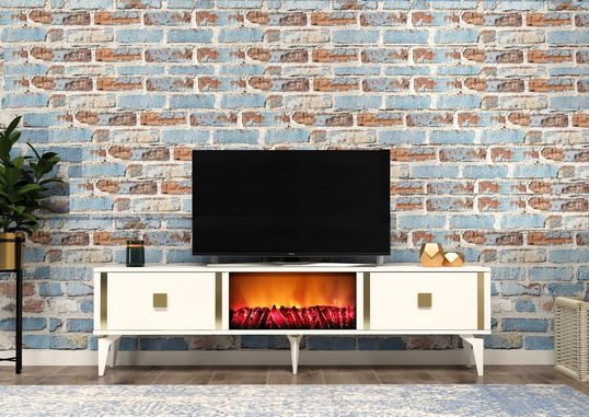 Comoda TV, Olivia, Doruk Fireplace, 150x44.6x29.6 cm, PAL , Alb/Auriu