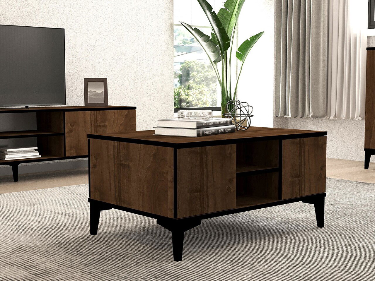 Masuta de cafea, Puqa Design, Gediz, 90x45x60 cm, PAL, Nuc / Negru