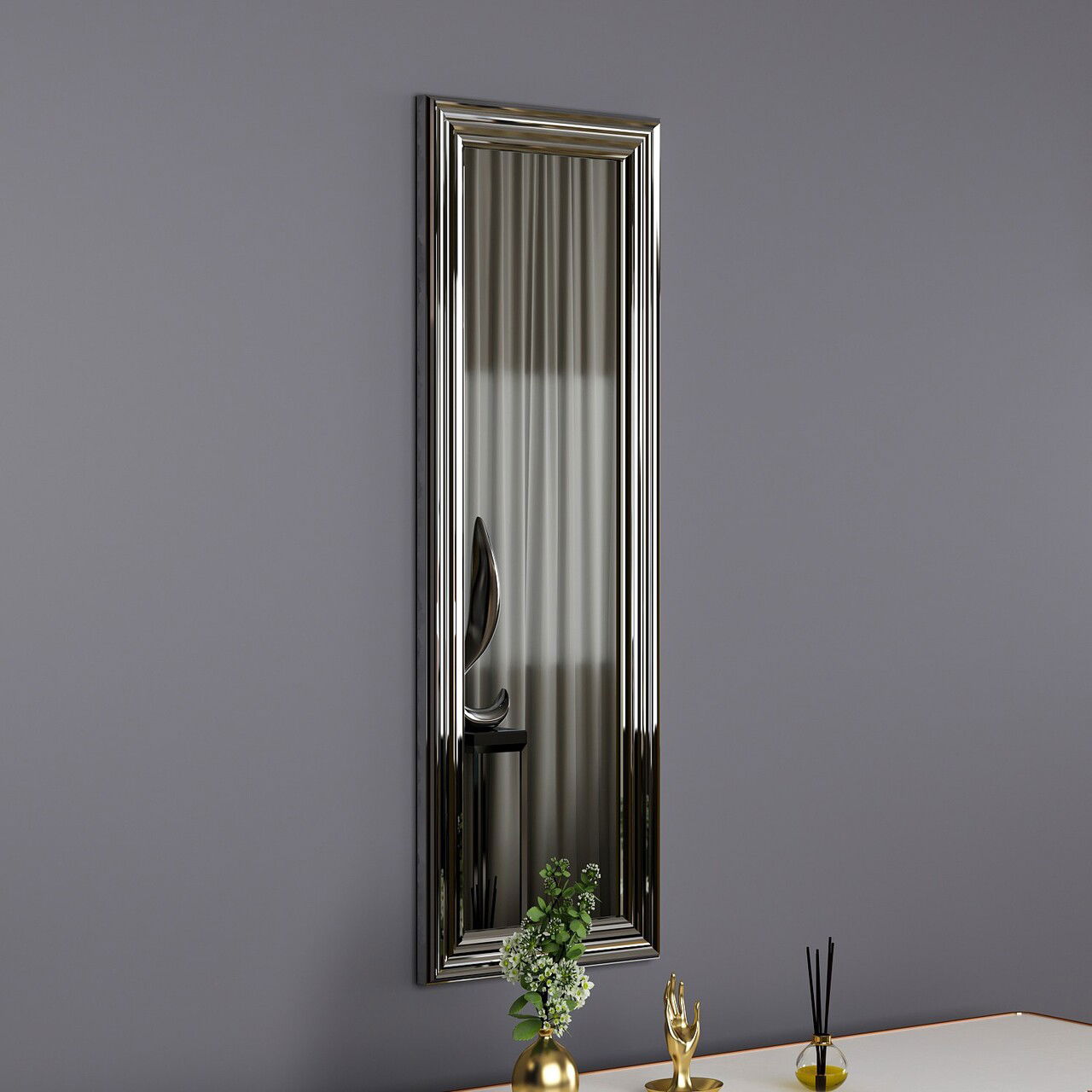 Oglinda decorativa, Siam, Boss, 30x90x3 cm, MDF , Argintiu