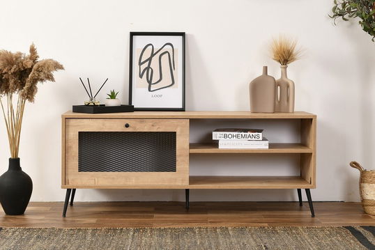Comoda TV, Wolina, Wire 140, 138x55x41 cm, 100% PLANCĂ DE PARTICULAȚI VOLTATE, Stejar