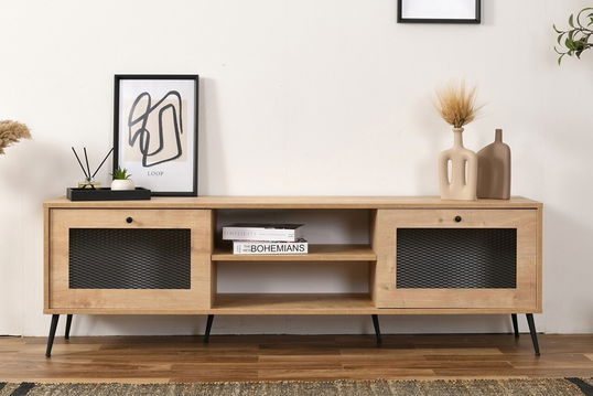 Comoda TV, Wolina, Wire 180, 180x55x41 cm, 100% PLANCĂ DE PARTICULAȚI VOLTATE, Stejar