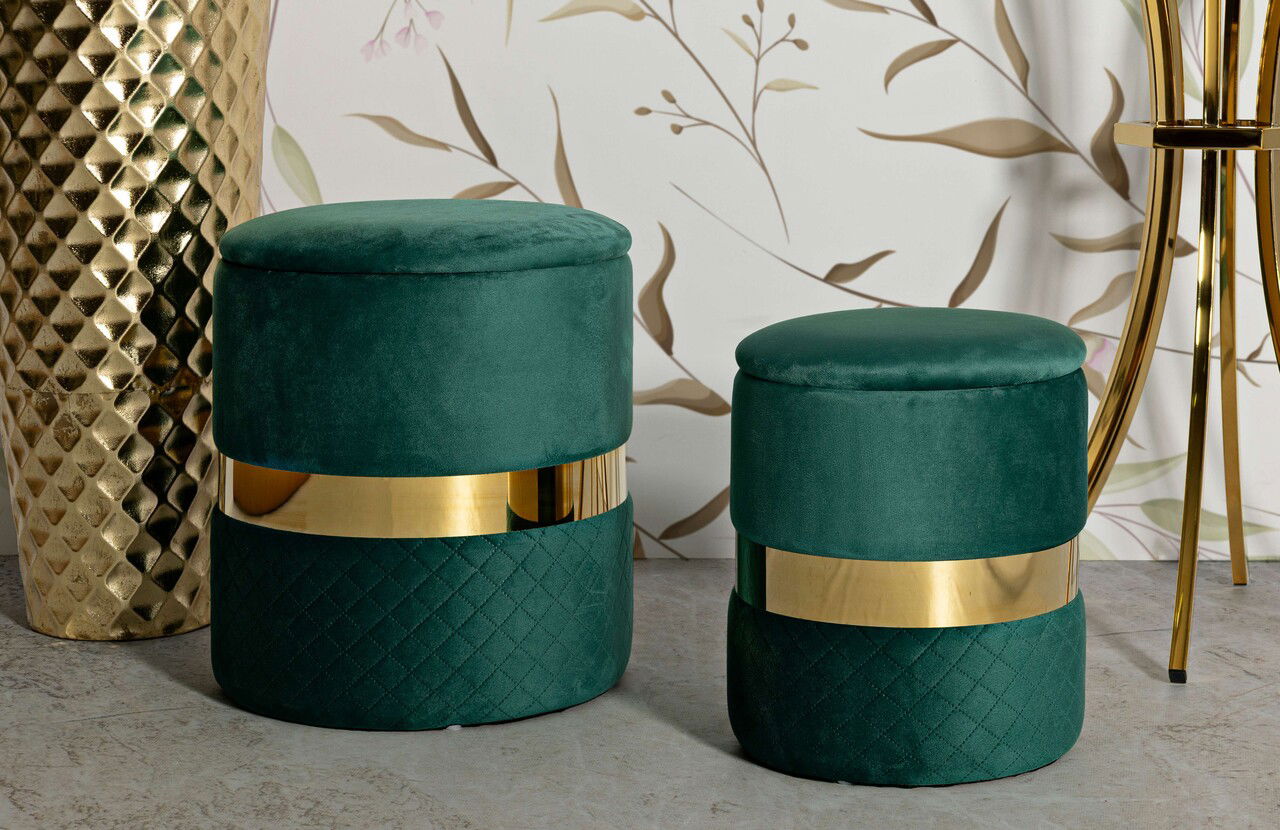 Set 2 taburete cu spatiu depozitare Sheffild, Mauro Ferretti, 37x42 cm, 28x35 cm, fier/MDf/poliester, verde