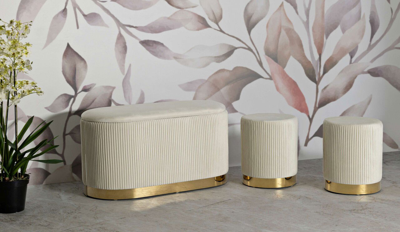 Set bancheta si 2 taburete Shopy, Mauro Ferretti, 80x37x42 cm, 29x35 cm, fier/MDf/poliester, crem/auriu