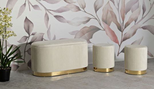 Set bancheta si 2 taburete Shopy, Mauro Ferretti, 80x37x42 cm, 29x35 cm, fier/MDf/poliester, crem/auriu