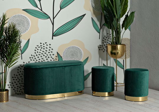 Set bancheta si 2 taburete Shopy, Mauro Ferretti, 80x37x42 cm, 29x35 cm, fier/MDf/poliester, verde/auriu