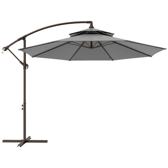 Outsunny Umbrelă Ampelschirm Ø2,67 x 2,45 m Cu Manivelă și Acoperiș Dublu Bază în Formă de Cruce Oțel Protecție Solară Poliester Oțel Gri deschis | Aosom Romania