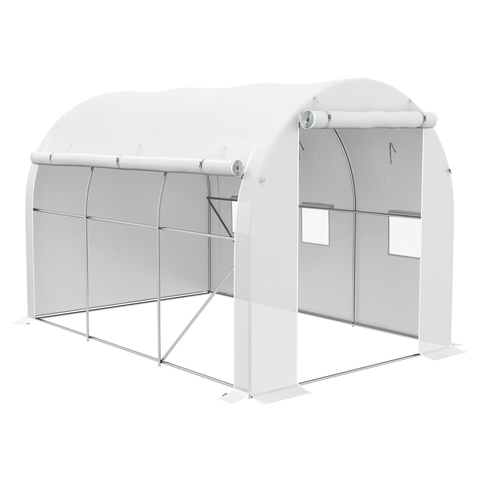 Outsunny Seră de grădină 6 m² dim. 3 x 2 m cu 1 ușă + 2 părți laterale cu fermoare, 6 ferestre, Alb | Aosom Romania