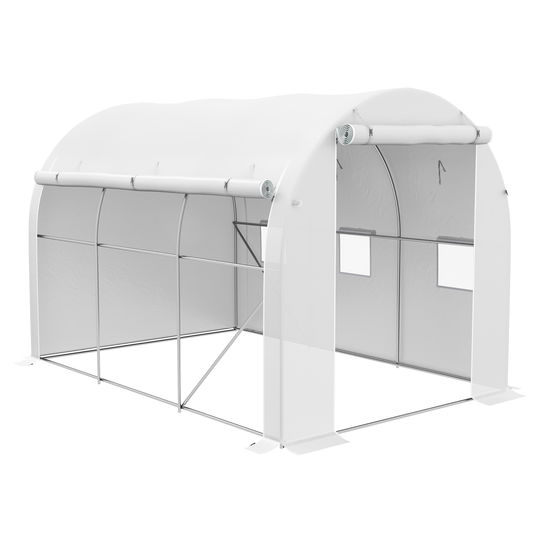 Outsunny Seră de grădină 6 m² dim. 3 x 2 m cu 1 ușă + 2 părți laterale cu fermoare, 6 ferestre, Alb | Aosom Romania