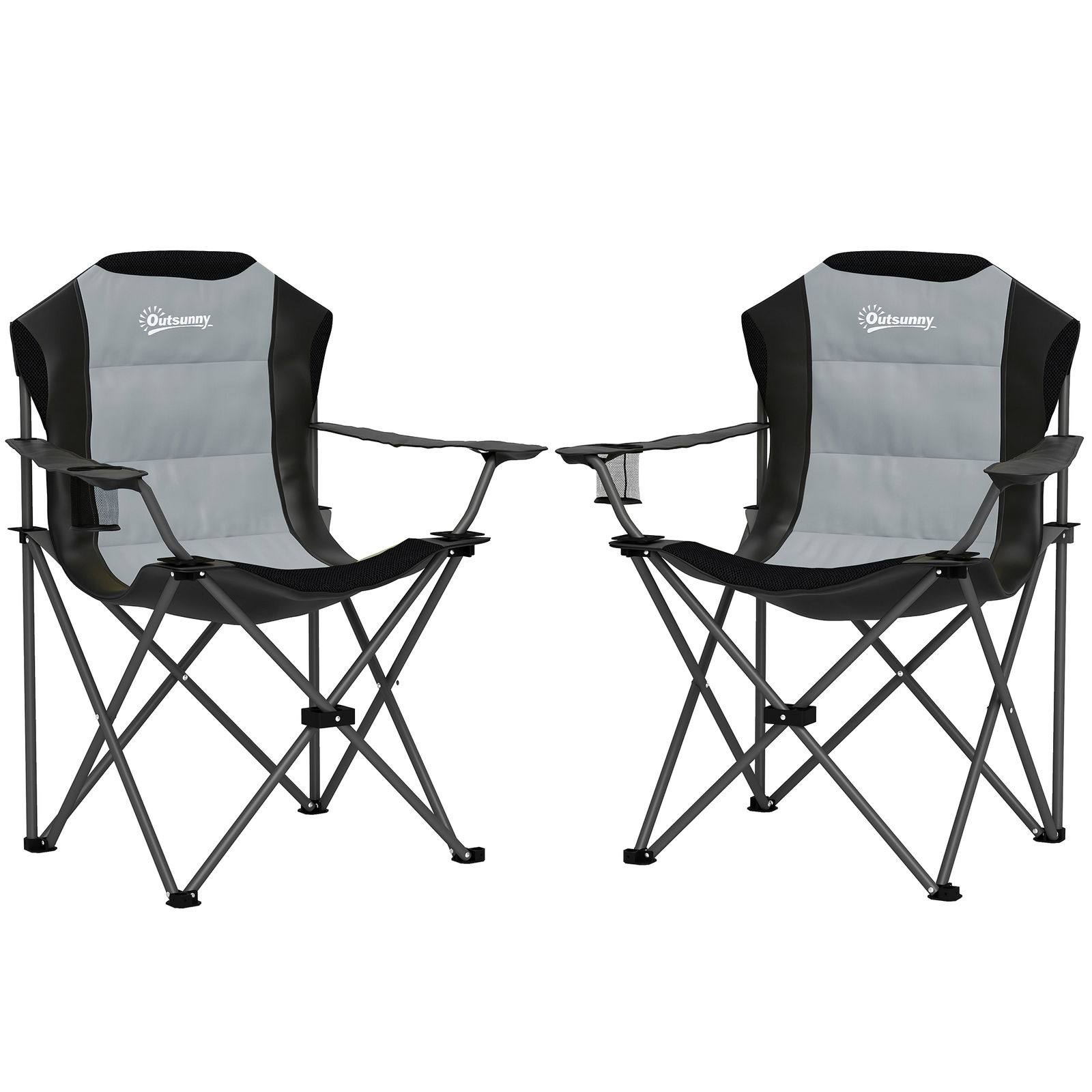 Outsunny Lot de 2 scaune pliante camping rembursate cu spătar înalt cu suport pentru pahar, greutate 120 kg, gri închis | Aosom Romania