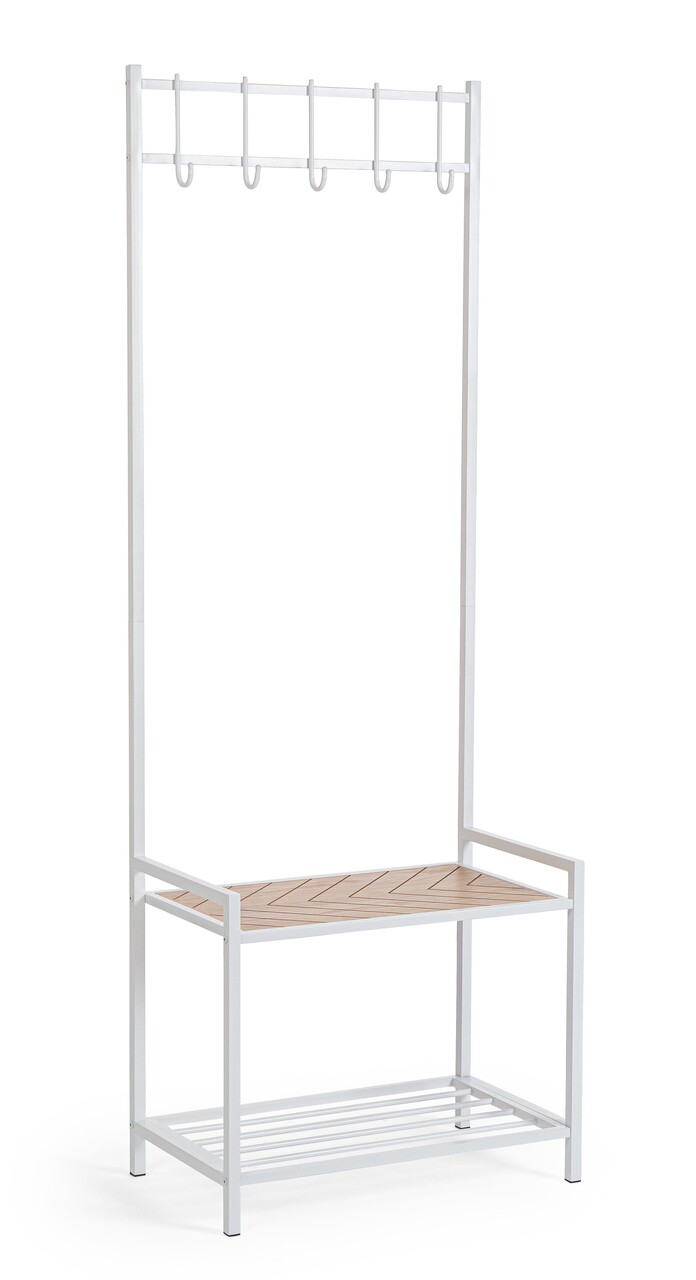 Cuier cu pantofar Haldor, Bizzotto, 64.5x37.5x180 cm, otel/MDF, alb/natural