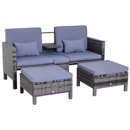 Outsunny Set Mobilier de Grădină, Scaun de Grup, 3 Piese, Canapea de Exterior, 2 Taburete, 2-5 Persoane, Perne de șezut, Ratan, gri | Aosom Romania