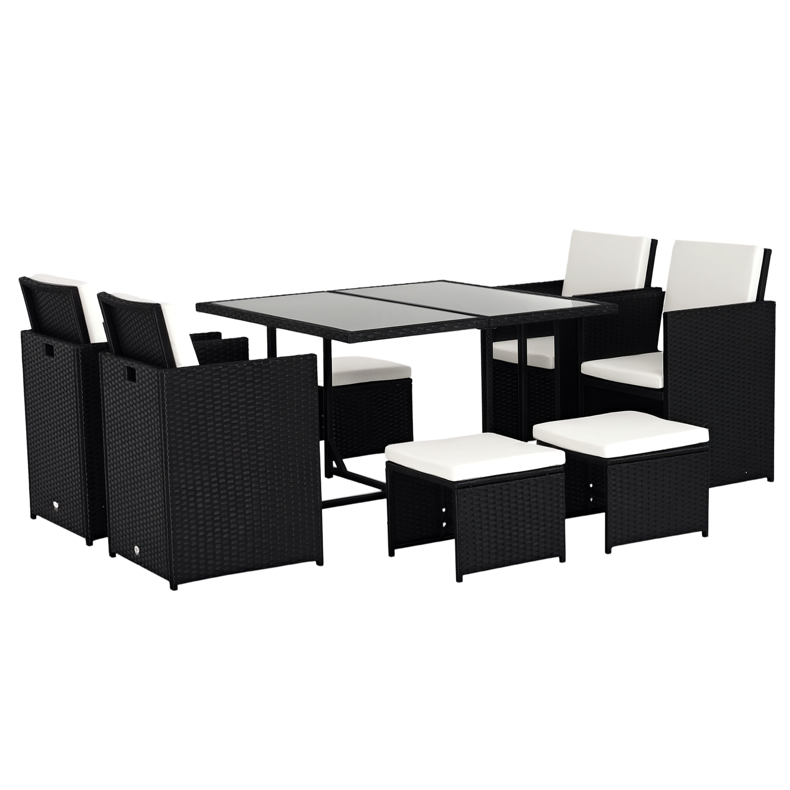 Outsunny Set Mobilier de Grădină încorporabil 8 persoane 9 piese rășină împletită 4 fire imitație răchită Negru Perne detașabile crem | Aosom Romania