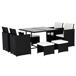 Outsunny Set Mobilier de Grădină încorporabil 8 persoane 9 piese rășină împletită 4 fire imitație răchită Negru Perne detașabile crem | Aosom Romania