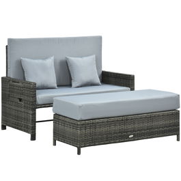 Outsunny Canapea de grădină cu funcție de șezlong, taburet extensibil cu spațiu de depozitare, perne pentru șezut, gri, 130 x 72 x 96 cm | Aosom Romania