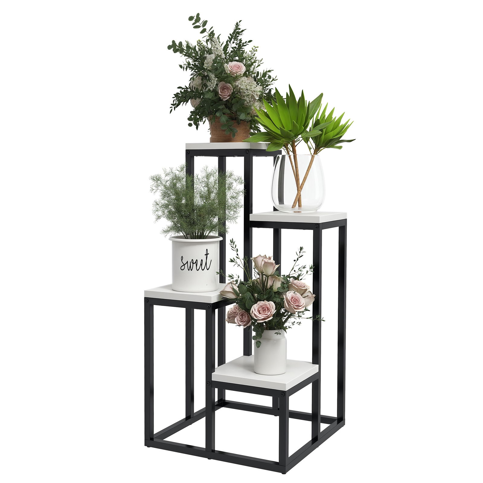 Outsunny Raft pentru plante raft pentru flori din metal și lemn, 4 nivele de înălțimi diferite, stil industrial, 34 x 34 x 66 cm | Aosom Romania