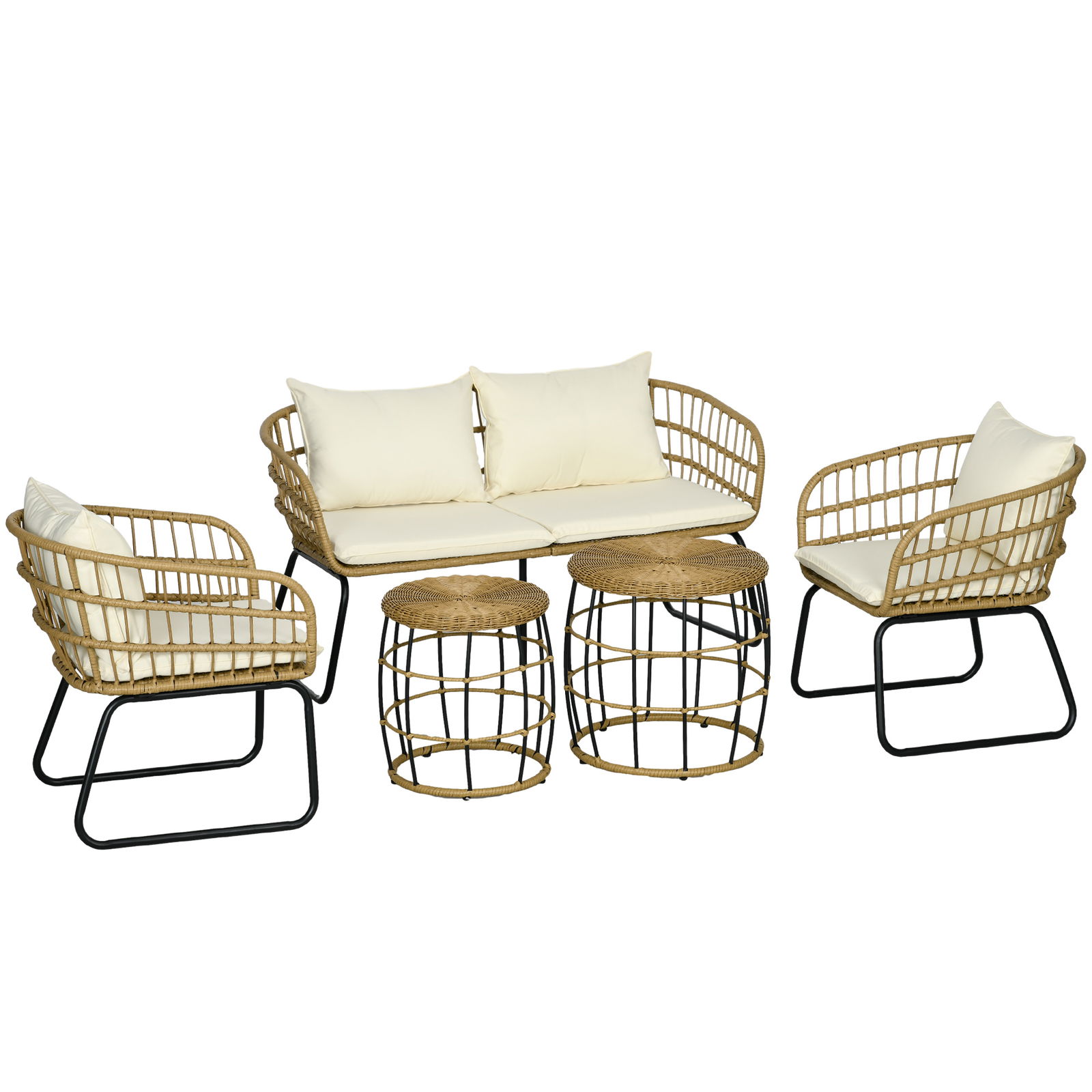 Outsunny Set de mobilier de grădină din răchită, Set de lounge pentru exterior, Stil Boho, Set de 5 piese, 145 x 70 x 78 cm, Crem + Natur + Negru | Aosom Romania