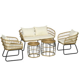 Outsunny Set de mobilier de grădină din răchită, Set de lounge pentru exterior, Stil Boho, Set de 5 piese, 145 x 70 x 78 cm, Crem + Natur + Negru | Aosom Romania