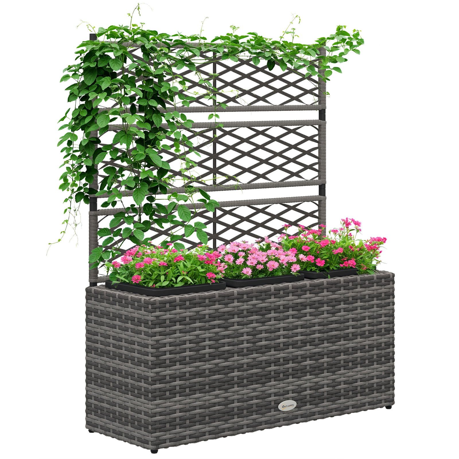 Outsunny Ghiveci pentru plante cu trei bazine 33L din rășină impletită și oțel dim. 84L x 30L x 107H cm | Aosom Romania