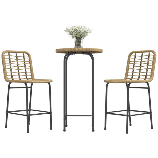 Outsunny Set 3 piese 1 masă rotundă înaltă design boem + 2 tabureți rotunzi cu suport pentru picioare din metal pentru 2 persoane natural | Aosom Romania