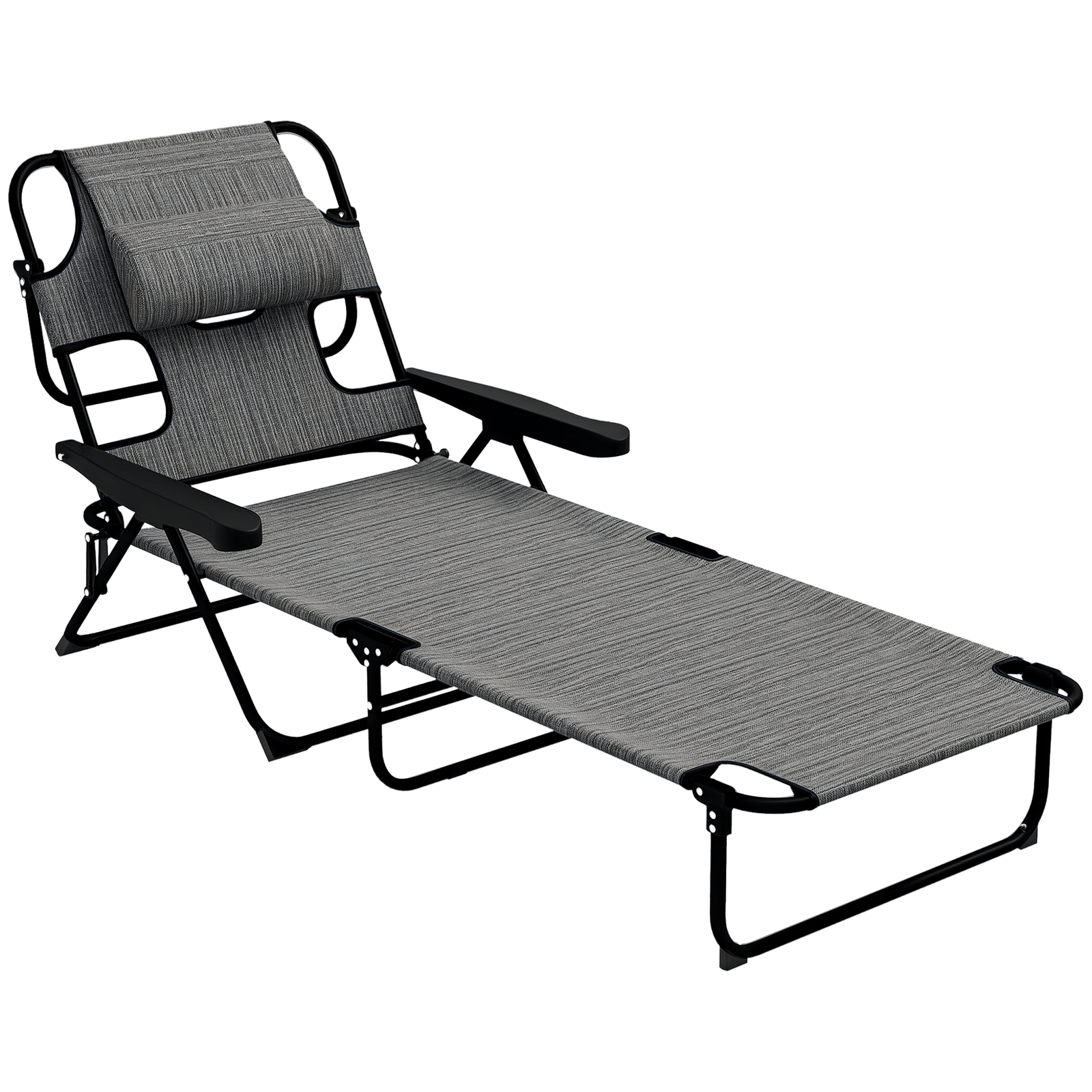 Outsunny Șezlong de grădină pliabil cu spătar reglabil în 4 poziții, orificiu pentru citit și pernă suport cap 72L x 194l x 31H cm Gri | Aosom Romania