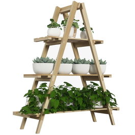 Outsunny Suport pentru Plante Pliabil din Lemn Raft pentru Ghivece cu 3 Nivele cu Cadru în A 100x36x112 cm Natural | Aosom Romania