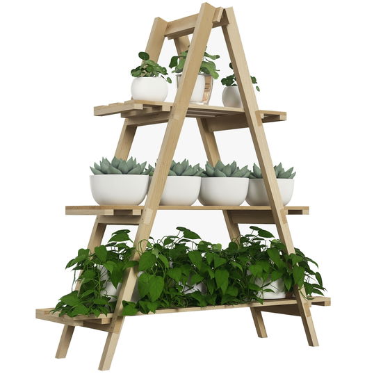 Outsunny Suport pentru Plante Pliabil din Lemn Raft pentru Ghivece cu 3 Nivele cu Cadru în A 100x36x112 cm Natural | Aosom Romania