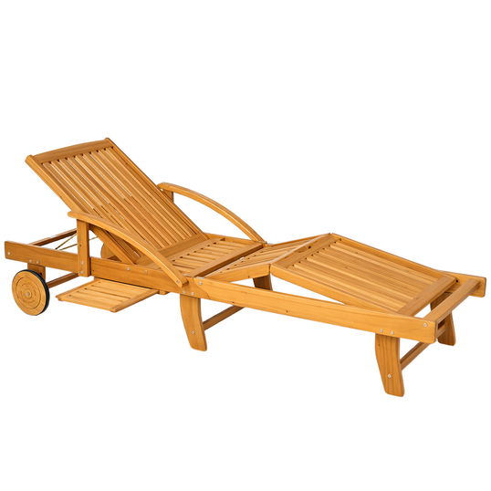 Outsunny Șezlong de grădină pliant din lemn cu masă laterală, role, spătar reglabil în 4 poziții Teak | Aosom Romania