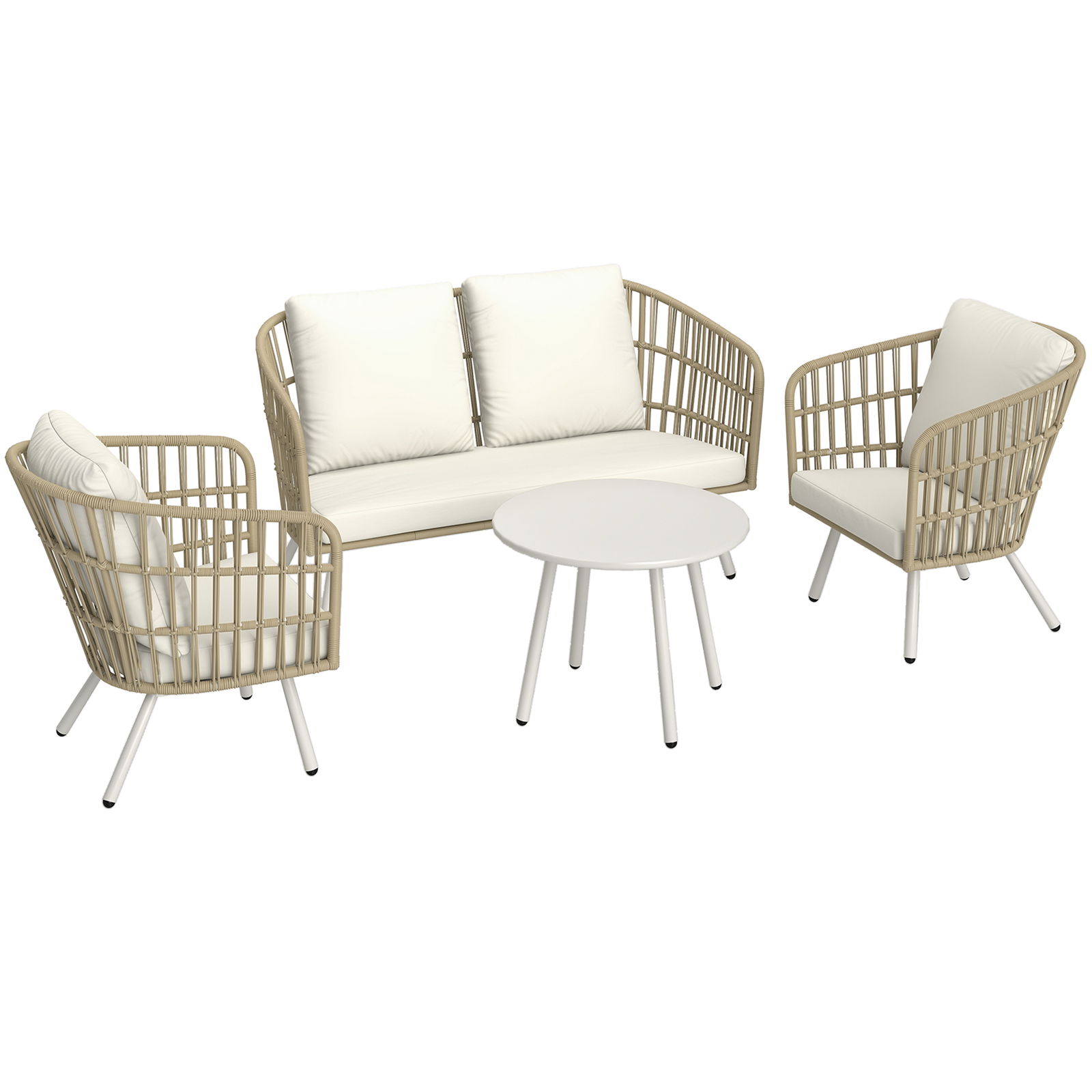 Outsunny Set de mobilier de grădină din poliratan Lounge-Set cu canapea de 2 locuri, fotoliu, masă, perne rezistente la intemperii pentru 4 persoane în culoarea Khaki | Aosom Romania