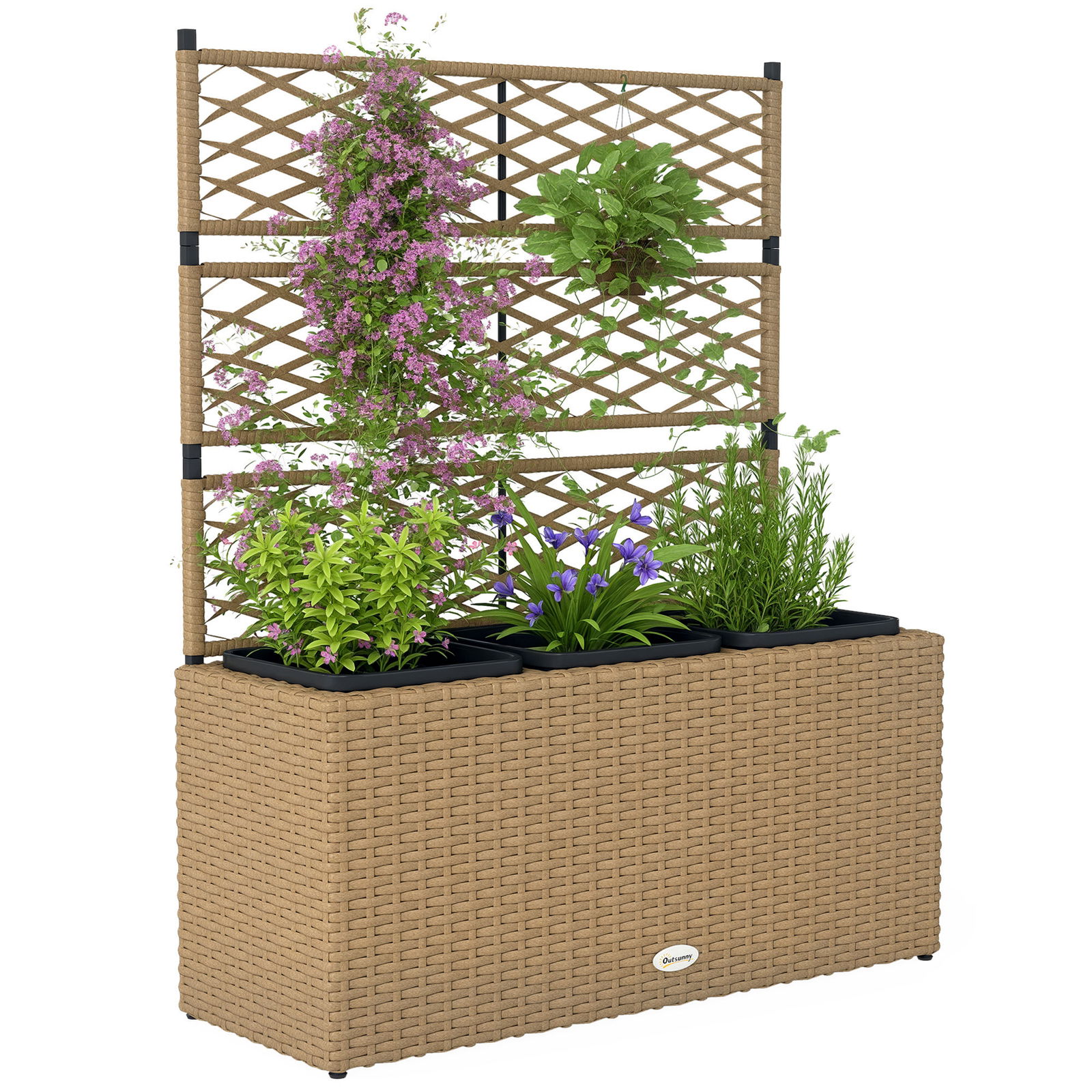 Outsunny Ghiveci pentru plante cu plasă 3 băcăi 33L exterior din rășină împletită 84 x 30 x 107 cm sable negru | Aosom Romania