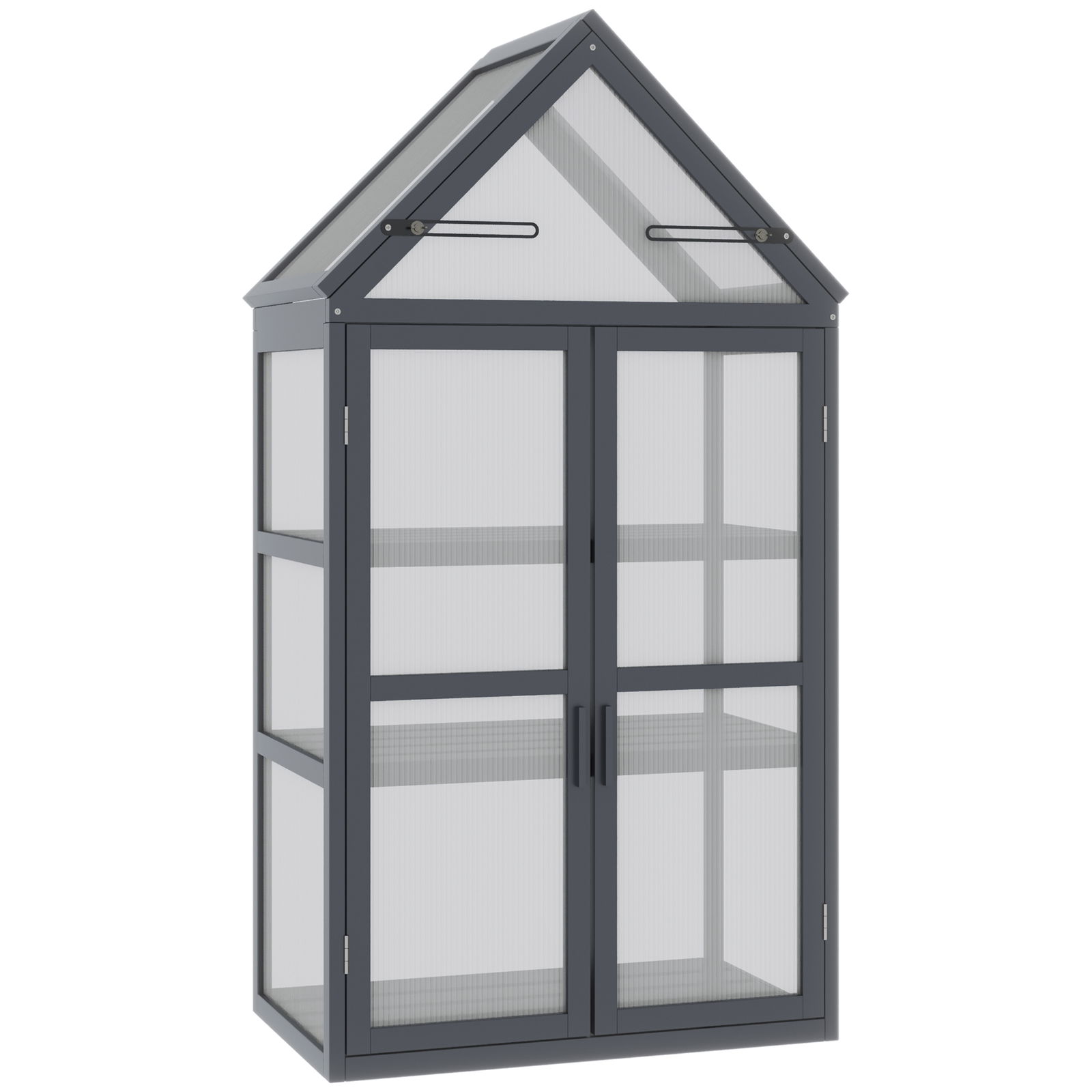 Seră mini Outsunny cu 3 nivele, sere pentru plante cu acoperiș rabatabil, uși duble din lemn, policarbonat rezistent la intemperii, natural, 70,5 x 42 x 132 cm | Aosom Romania