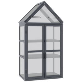 Seră mini Outsunny cu 3 nivele, sere pentru plante cu acoperiș rabatabil, uși duble din lemn, policarbonat rezistent la intemperii, natural, 70,5 x 42 x 132 cm | Aosom Romania