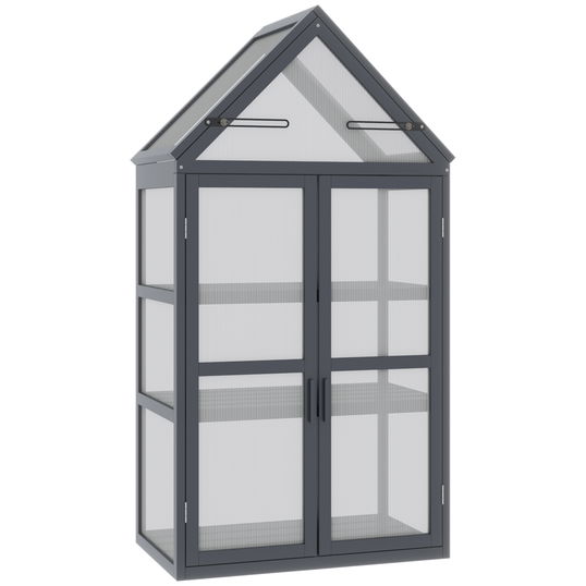 Seră mini Outsunny cu 3 nivele, sere pentru plante cu acoperiș rabatabil, uși duble din lemn, policarbonat rezistent la intemperii, natural, 70,5 x 42 x 132 cm | Aosom Romania