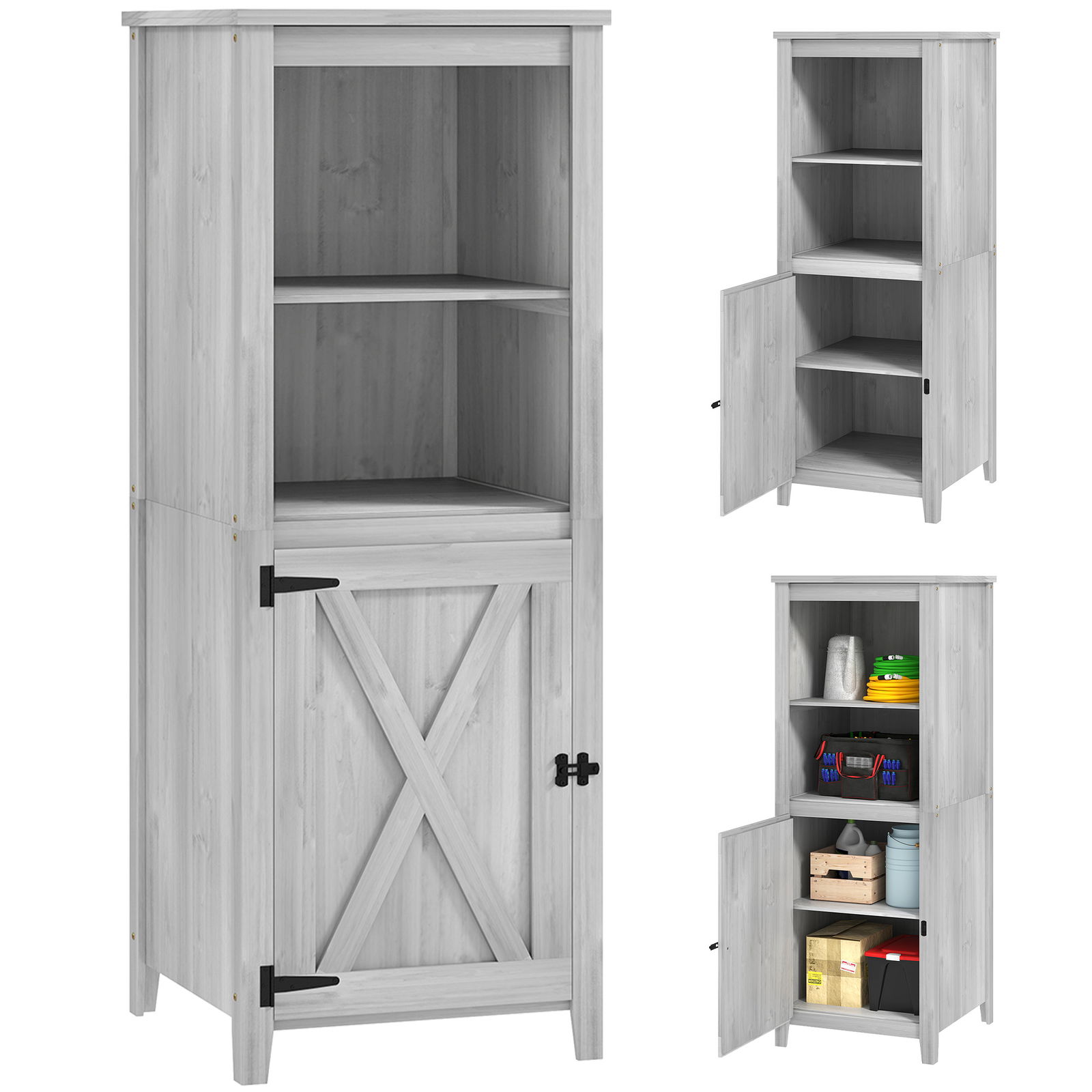 Outsunny Căsuță de unelte cu ușă de grajd, rafturi reglabile, design subțire, lemn de brad, Gri deschis | Aosom Romania