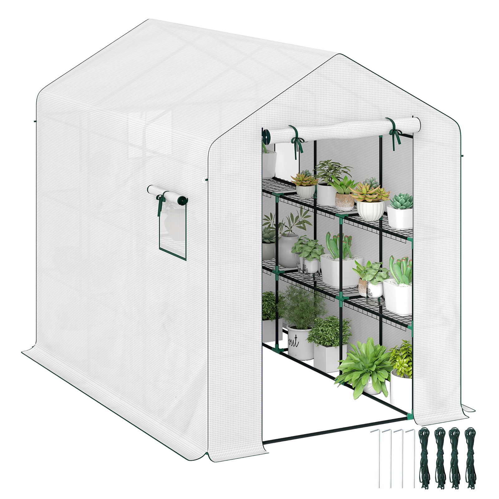 Outsunny Sera de grădină 3 m² cu rafturi 3 niveluri, PE renforcée 135 g/m² anti-UV, ușă rulabilă și ferestre din plasă | Aosom Romania